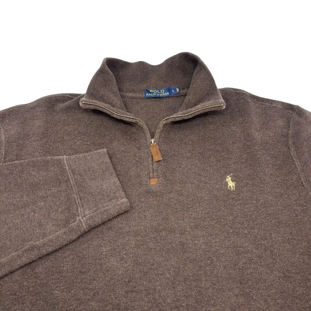 Polo Ralph Lauren Large Brown 1/4 Zip Cotton Pullover Long Sleeve Sweater